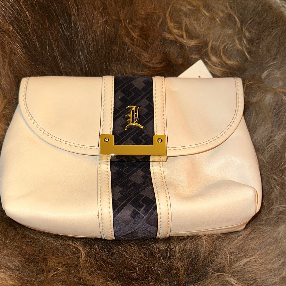 L.A.M.B. Ivory and Navy Clutch with Gold Accent